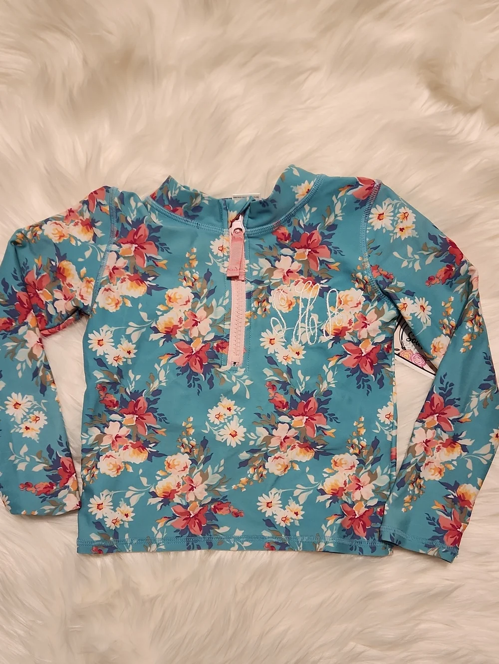 Ruffle Butts Teal Floral Kids Swim Rashguard - Girls Size 4T - Ruffle Butts